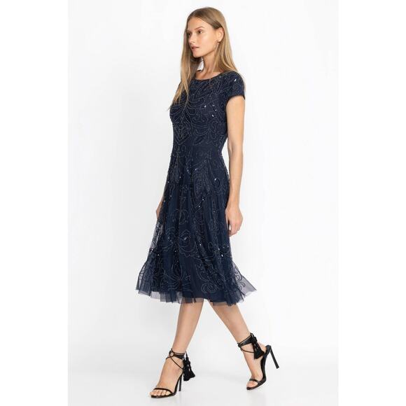 NWT Designer Johnny Was Navy Paisley Beaded Mesh Party Dress Size 2 - Picture 1 of 5